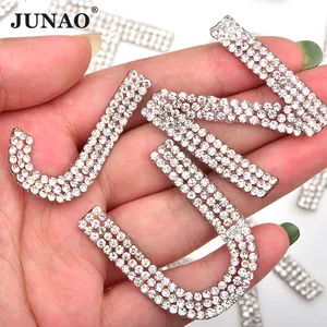 JUNAO Wholesale 70mm A-Z Iron On Patches Clear Crystal Strass Applique Hotfix Letter Rhinestone For Clothes