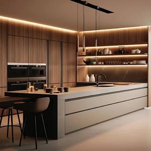 Muebles de Cocina de Diseño Moderno de Fábrica de Foshan, Gabinete de Cocina Modular de Madera Contrachapada con Chapa de Madera Personalizada para Villa - Product Image 1