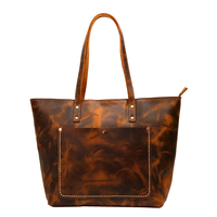 Sac à main fourre-tout décontracté en cuir de vachette marron clair Crazy Horse Sac à main vintage de luxe en cuir véritable avec fermeture éclair pour femmes