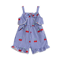 Bas quantité minimale de commande fabricant de motifs personnalisés été bébé vêtements rayures fraise cerise imprimé barboteuse sans manches enfant en bas âge filles combinaison