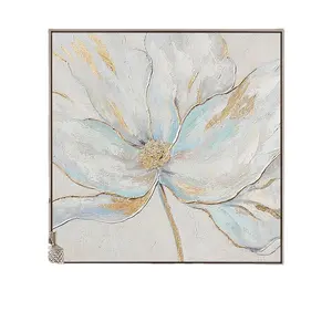 80x80cm Hand-painted Modern Gold Foil White Flower Canvas Art for Wall Decoration