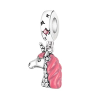 Breloques pendantes en émail rose plaqué argent, série fantaisie mignonne, licorne, ours en peluche, tasse à thé, cœur, pour bracelet à breloques européen