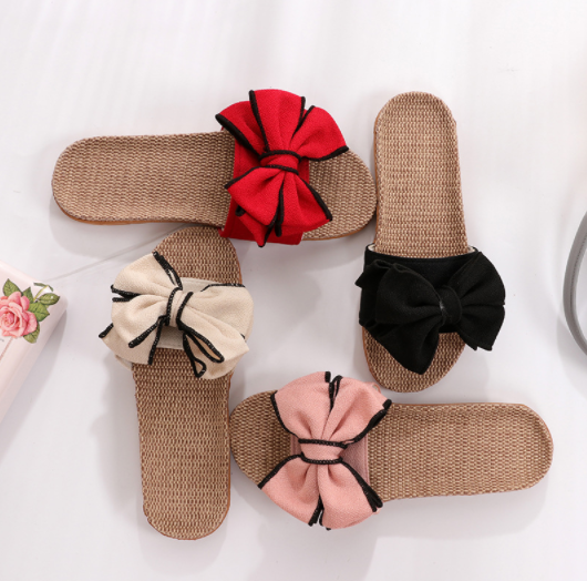 2021 Women Summer Casual Slides Comfortable Flax Slippers Striped Bow Linen Flip Flops Platform Sandals For Ladies Indoor Shoes
