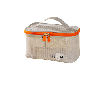 Mesh Makeup Bag Large Capacity Portable Round <b>Toiletry</b> <b>Storage</b> Bag For Women Travel Bathroom Use Gray Orange Sky Blue Purple - Product Image 3