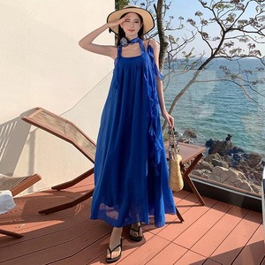 Klein Blue Chiffon <b>Spaghetti</b> <b>Strap</b> Pencil Silhouette Maxi Dress Loose Backless Breathable Holiday Beach Vacation Women's Casual - Product Image 1