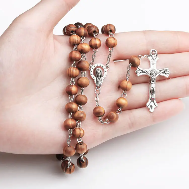 Colorful Long Rosaries Cross Rose Necklace Catholic Wood Bead Rosary Virgin Mary Necklace