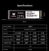 SSD GM7 PCIe4.0 1TB NVMe Internal Kecepatan Baca 7200MB/s Baru M.2 Solid State Drive