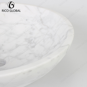 Lavabo Redondo de Mármol para Baño, Pulido, Blanco, de Montaje Sobre Encimera, Diseño Contemporáneo, con un Solo Orificio para Grifo - Product Image 5
