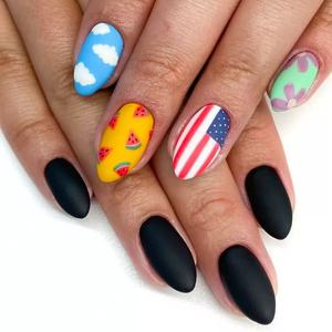 Faux <span class=keywords><strong>ongles</strong></span> en acrylique fabriqués à la machine, thème 4 juillet USA, 24 pièces/boîte, carrés moyens, avec colle, vente en gros, patriotiques pour le Jour de l'Indépendance - Product Image 2