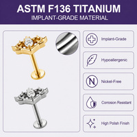 Piercing Labret à dos plat en Titane ASTM F136 avec Couronne Ronde CZ et Pointe, Or et Argent, pour Cartilage, Bijoux de Corps, Vente en Gros