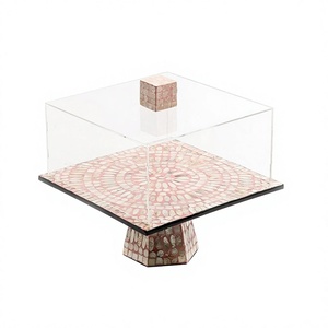 Wooden Cake Stand With Mother Of Pearl And Acrylic Cover Square Shape Cake Stand For Home Hotel And Restaurant Usage - Product Image 1