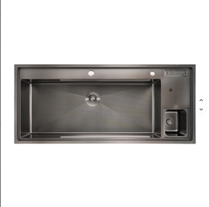 Évier <span class=keywords><strong>de</strong></span> <span class=keywords><strong>cuisine</strong></span> fait à la main Nouvelles tendances Finition gaufrée Nano <span class=keywords><strong>Noir</strong></span> 304 Acier inoxydable 4 trous Poubelle multifonctionnelle anti-rayures - Product Image 2