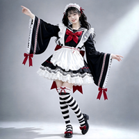 Conjunto de Vestido Lolita con Cuello Marinero para Mujer, Manga Larga, Volantes, Encaje, Delantal, Lazo Rojo y Negro, Estilo Kawaii, Mini Vestido de Fiesta