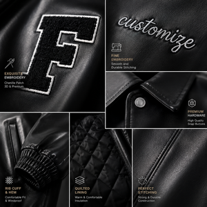 Giacca Varsity in Vera Pelle di Vacchetta Nera di Alta Qualità Personalizzata per Uomo, Stile Alla Moda con Lettere Ricamate - Product Image 2