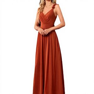 Vestido de Dama de Honor Casual de Primavera/Verano de Alta Calidad de Fábrica, con Volantes, Color Sólido, Cuello en V, Largo hasta el Suelo, Silueta en A, para la Noche - Product Image 3