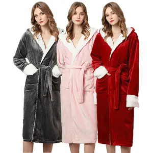 Women Fleece Shawl Collar Bathrobe Plush Long Robe Kimono Knit Sleepwear V-neck Casual Ladies Loungewear Dressing gown