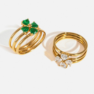 Four Leaf Clover Stacked <b>Rings</b> 18K <b>Gold</b> Plated Emerald And Diamond Women's Jewelry Gift Fashion <b>Ring</b> <b>Set</b> - Product Image 1