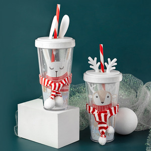 420ML Plastic Double <b>Straw</b> <b>Cup</b> <b>with</b> Lid Bubble Tea Water Bottle <b>Christmas</b> Gift Reusable Rabbit Elk Drinkware - Product Image 4
