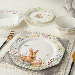 CASA HEMERA Juego de <span class=keywords><strong>Vajilla</strong></span> de Cerámica de 24 Piezas con Diseño de Conejito de Pascua - Lindos Platos y <span class=keywords><strong>Vajilla</strong></span> de Porcelana para Regalo Festivo y Fiestas en Casa - Product Image 1