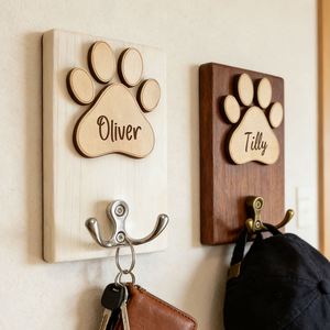 Personalised Wooden <b>Dog</b> Paw Wall Hook, Custom Pet <b>Collar</b> Storage Rack Hanger, Wall-mounted Accessory Organizer for Entryway - Product Image 1