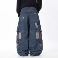 Jean en denim déchiré et délavé bleu moyen pour homme, coupe large, multi-poches cargo, effet usé, personnalisable OEM