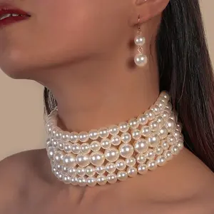 Conjunto de accesorios para mujer, joyería elegante, collar de perlas de imitación y pendientes, conjunto de joyería nupcial India para boda