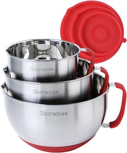 Ensemble de bols mélangeurs en acier inoxydable poli, écologiques, avec couvercle et poignée, pour cuisine moderne et salades, en gros et en stock - Product Image 1