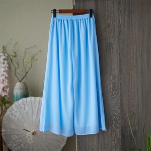 White And Sky Blue Chiffon Embroidered <b>Skirt</b> <b>Elastic</b> Waist Women's Casual Pants - Product Image 2