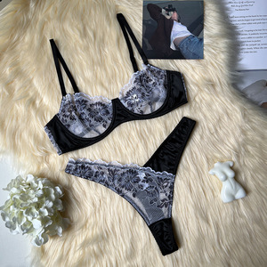 Wholesale Soft Lace <b>Sexy</b> Erotic Women's Lingerie Floral Mesh <b>Bra</b> & Panty <b>Set</b> With Steel Ring - Product Image 6