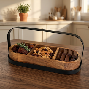 Plateau de service en bois à 3 compartiments avec poignée en métal pour les collations, les fruits secs, les noix, les apéritifs, le fromage et la présentation des aliments sur la table - Product Image 2
