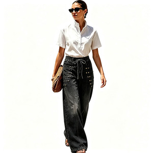 European and American Style High <b>Waisted</b> Wide Leg <b>Jeans</b> with Washed Metal Buckle Design and Drawstring <b>Elastic</b> Waistband - Product Image 5