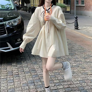 French Style Long Sleeve Puff Sleeve Dress Women Loose Waist <b>Tie</b> <b>Neck</b> Apricot Solid Color Casual Daily Wear Short Skirt - Product Image 1