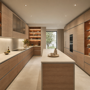 Gabinetes <span class=keywords><strong>de</strong></span> Cocina Personalizados en Chapa <span class=keywords><strong>de</strong></span> Madera Marrón con Isla <span class=keywords><strong>de</strong></span> Cocina Larga y Almacenamiento en Pared <span class=keywords><strong>de</strong></span> Madera - Product Image 1
