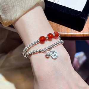S925 Sterling Silver Red Agate <b>Bracelet</b> Women's Chinese Style Lucky <b>Beads</b> Stackable Jewelry Everyday Wear - Product Image 1