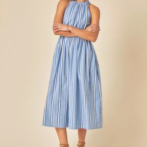 Vestido Midi de Lino a Rayas para Mujer, Cintura Alta, Estilo Casual, Holgado, de Algodón y Satén, para Verano, Sexy, en Oferta - Product Image 1