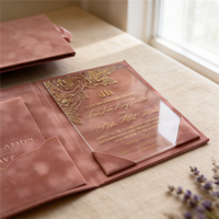 Set Undangan Pernikahan Folio Hardcover Beludru Biru Dongker Mewah yang Dipersonalisasi dengan Embos Foil Emas dan Amplop Akrilik