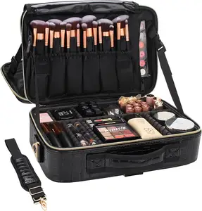 Relavel Travel Makeup Train Case PU Leather Makeup Cosmetic Case Organizer Portable Artist Storage Bag With Adjustable Dividers