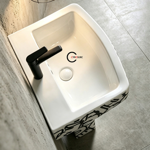 Lavabo sur pied rectangulaire moderne, à poser au sol, pour salle de bain, motif graffiti noir et blanc - Product Image 3