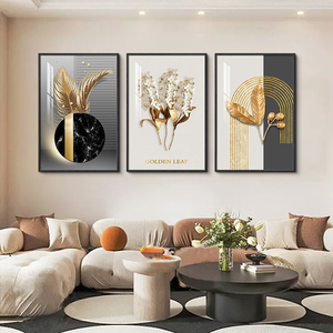 Set di 3 Quadri Moderni di Lusso con Cornice Dorata, Stampe di Foglie Dorate con Cornice in Oro per Pareti - Product Image 1