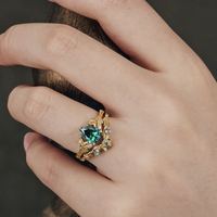 Bague Goutte d'Eau SA en Aigue-marine Naturelle et Zircon Plaqué Or, Bagues de Couple Incrustées Style Européen et Américain