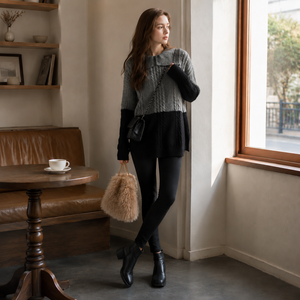 Fashion Color Block <b>Cable</b> Knit <b>Midi</b> Dress Gray Black Spliced Full Long Sleeve Stand Collar Breathable Standard Thickness Casual - Product Image 2
