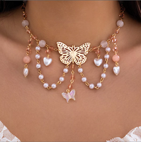 Collier ras du cou tendance en alliage plaqué or avec pendentif papillon et perles, orné de strass, style européen-américain, pour femme, idéal pour un anniversaire
