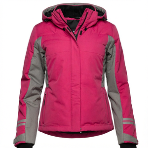 Veste d'hiver rose à capuche OEM avec empiècements gris, fermeture éclair, manches longues, longueur standard, rembourrage en coton, vêtements d'extérieur personnalisés pour femmes - Product Image 1
