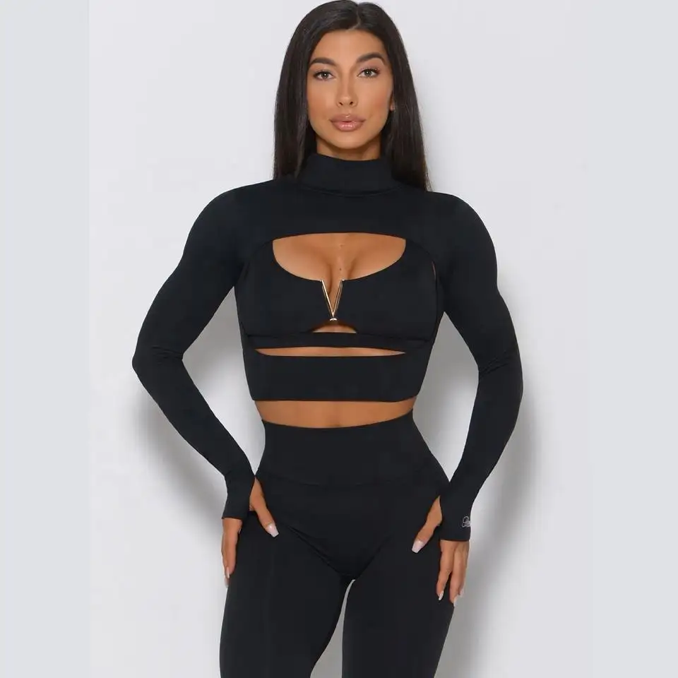 Wholesale 3 Piece Sportswear Long Sleeve Crop Top Pant Yoga Workout Set Women Clothing Active Wear Gym Fitness Sets