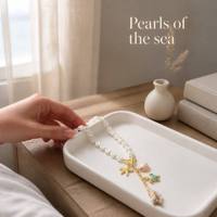Collier à breloques Perle Océanique, Collier Lariat avec Perle Monnaie, Fermoir à bascule, Pendentif Tortue de mer et Coquille Saint-Jacques, Bijoux de plage pour Femme