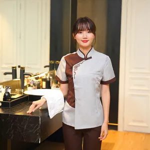 New Inclined Collar Cleaning Clothes Women's Short Sleeve Shirt Hotel Hotel Work Clothes Chinese Shirt Uniform