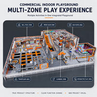 Parc d'attractions intérieur pour enfants, thème sports extrêmes orange et gris, équipement de jeu et d'aventure, aire de jeux avec trampolines
