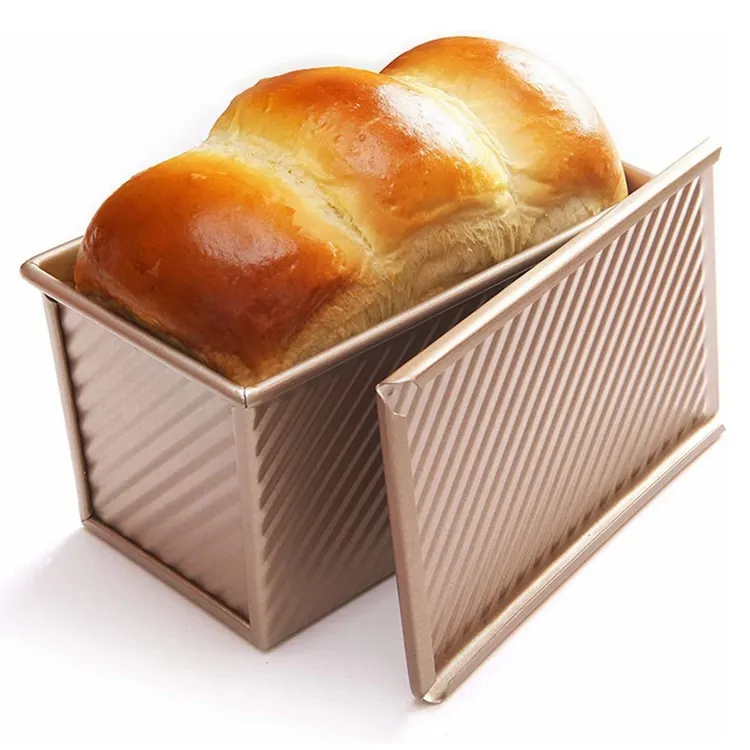 Loyang Roti Panggang Baja Karbon Cetakan Kotak Adonan 1 Lb Peralatan Panggang Roti Oven Bergelombang Emas dengan Tutup