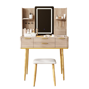 Modern 4-Drawer Solid Oak Vanity <b>Desk</b> Adjustable LED Mirror Fluted Design Metal- Legs PU Stool Apartment Bedroom Living Room - Product Image 2