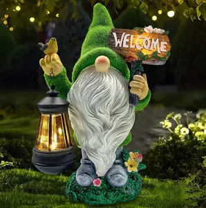 Gnome floqué avec lanterne solaire, Statue de Gnome de jardin en résine, vente en gros